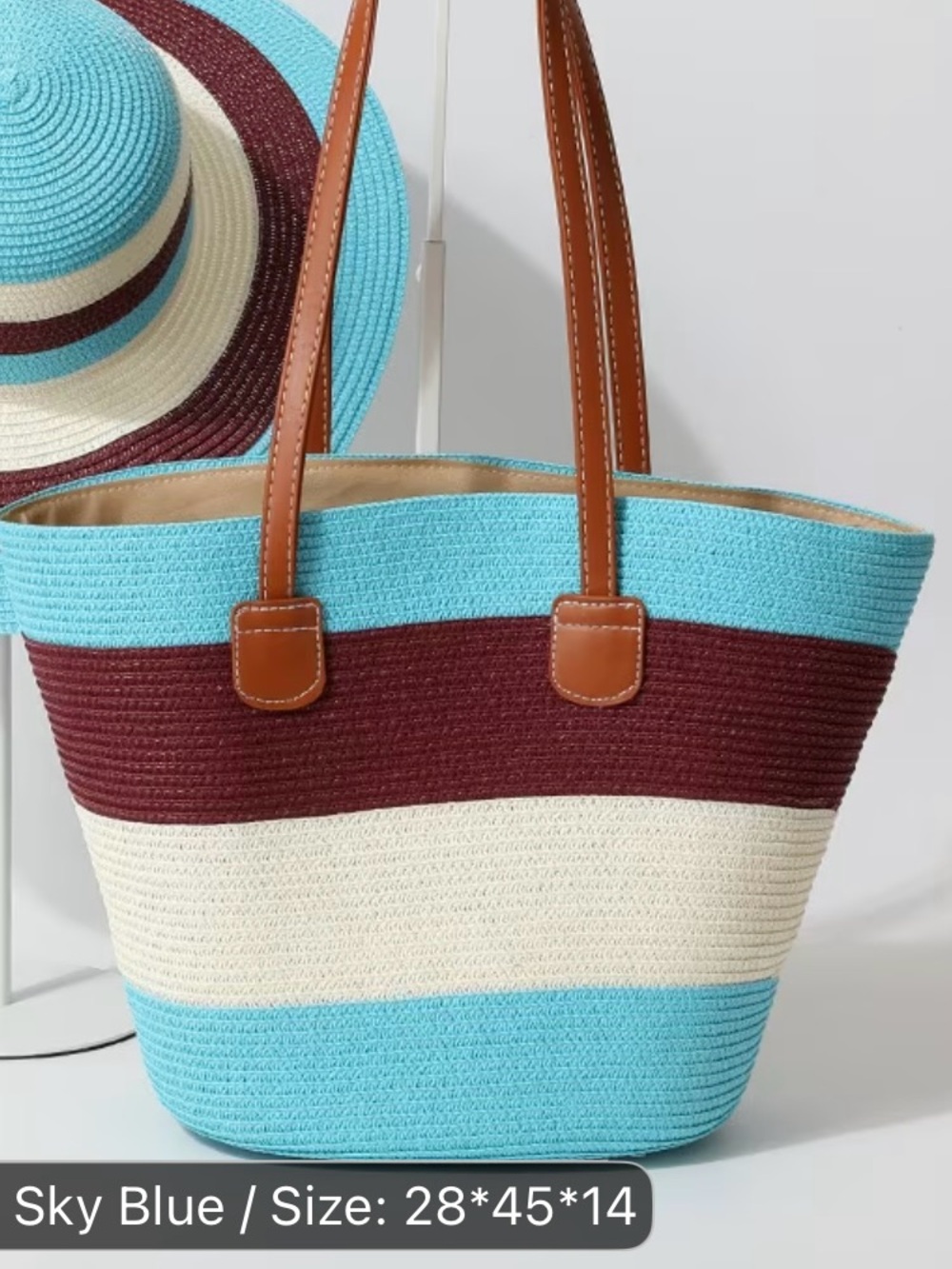 Striped Straw Tote Bag with Tan Handles - Blue, Burgundy, Cream